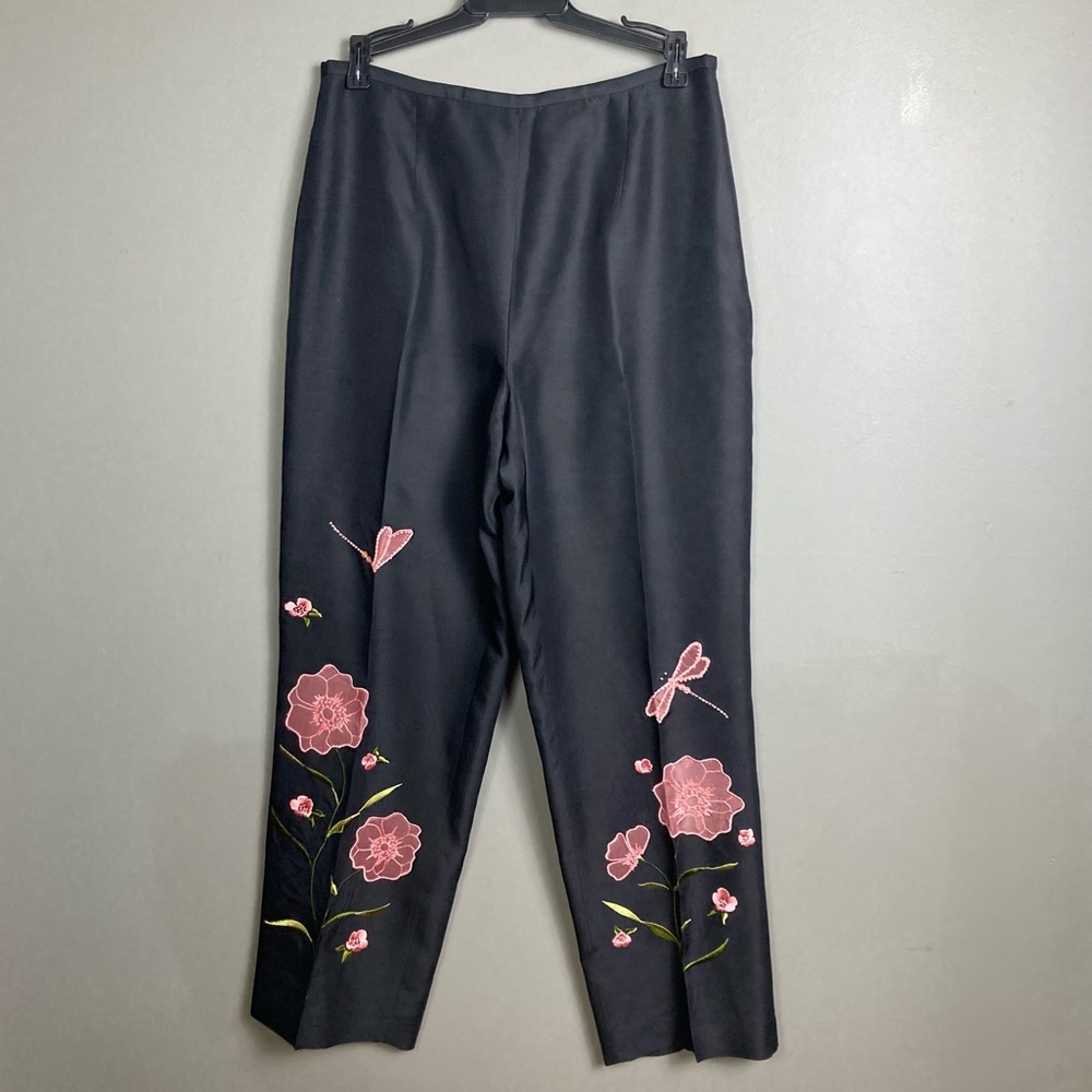 Vintage black silk pants 8 embroidery‎ beaded flowers dragonfly 90's fairycore